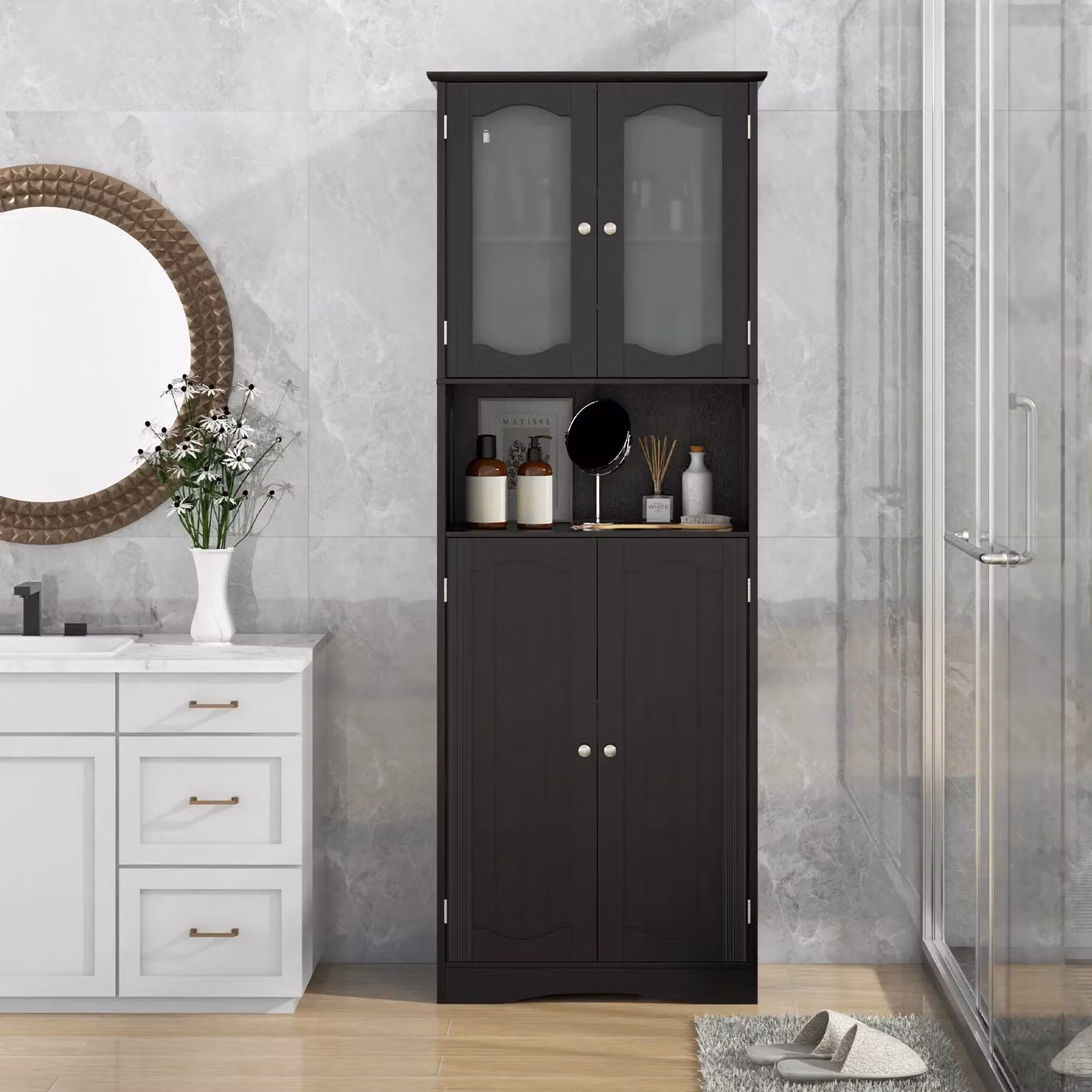 Costway Tall Freestanding Bathroom and Kitchen Storage Cabinet with Tempered Glass Doors in Black – 3