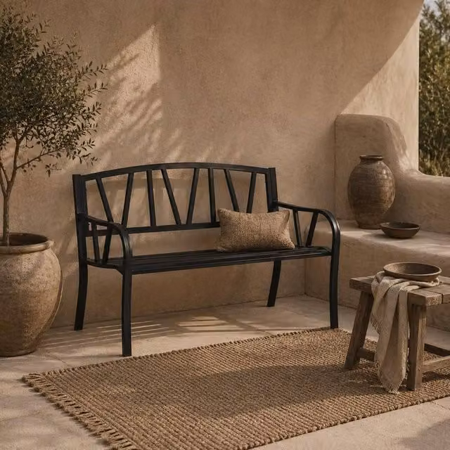 Wyld Haus Lenasu Black Metal 2 Seater Garden Bench with Decorative Backrest – 1