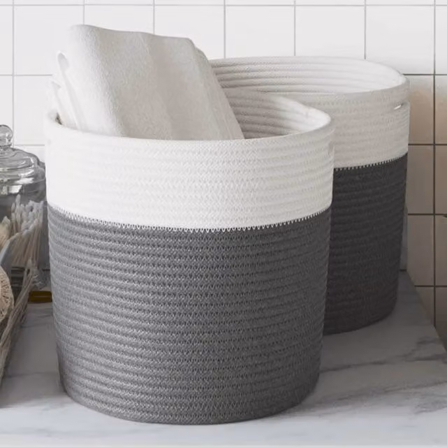 Berkfield Set of 2 Open Weave Cotton Storage Baskets in Grey and White, W/D/H: 28 x 28 x 28 cm – 1