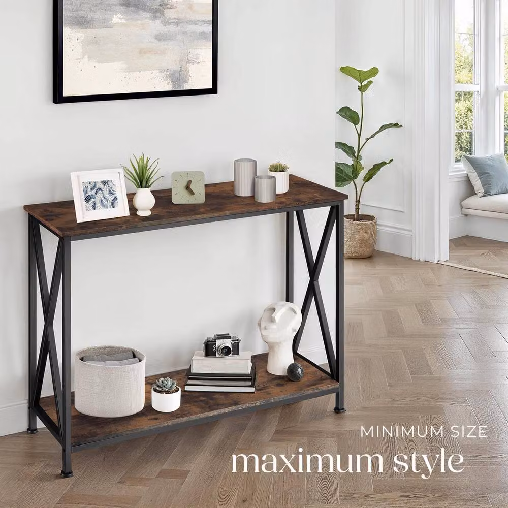 tectake Tacoma Console Table with 2 Shelves and Side X-Braces in Dark Brown – 6
