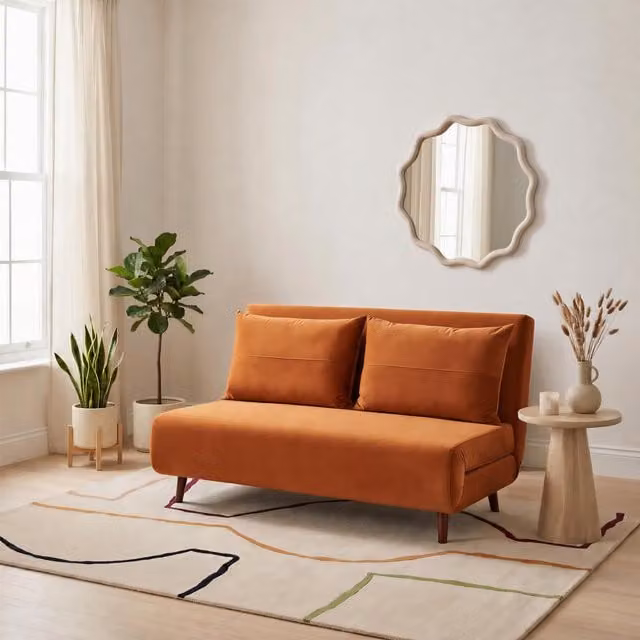 FurnitureboxUK Bobby Double Folding Sofa Bed in Orange Velvet with Solid Wood Frame and Scatter Cushions – 1