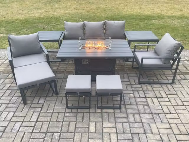 Fimous Dark Grey Aluminium Outdoor Lounge Sofa Set with Gas Fire Pit Dining Table, 2 Side Tables and 3 Footstools
