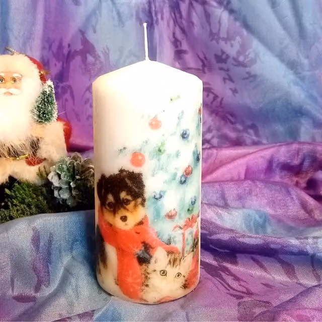Viki Christmas Puppy and Kitten Pillar Candle Figure in White