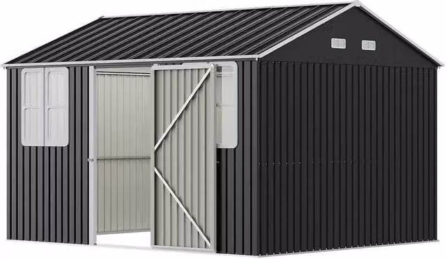FLAVORA Black Galvanised Steel Garden Tool Storage Shed with Gable Roof – 1
