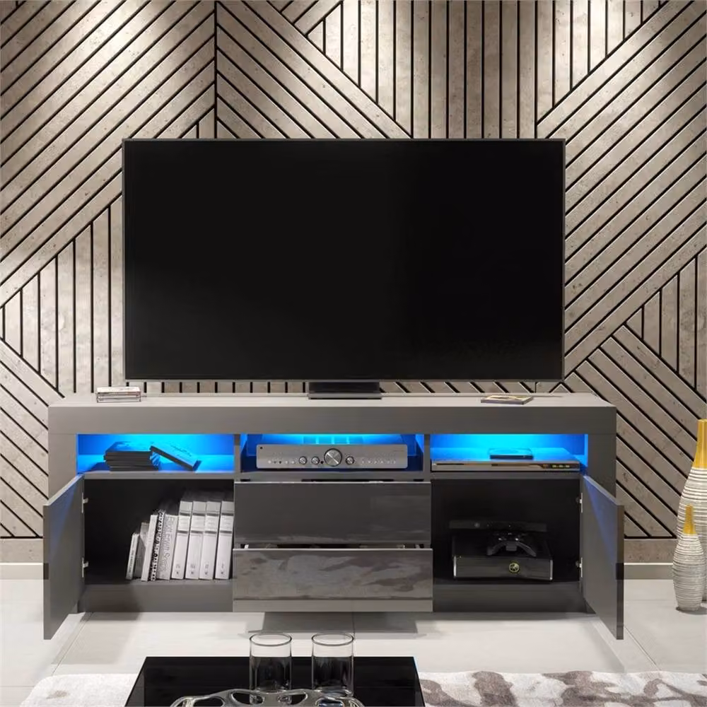 FORGEVIO Modern Grey TV Stand Cabinet with Matt Body and Gloss Doors – 2