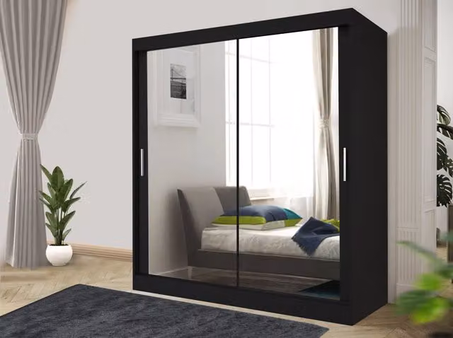 RAC3 Modern Black Sliding Mirror Wardrobe with Integrated Drawers, Width: 180 cm