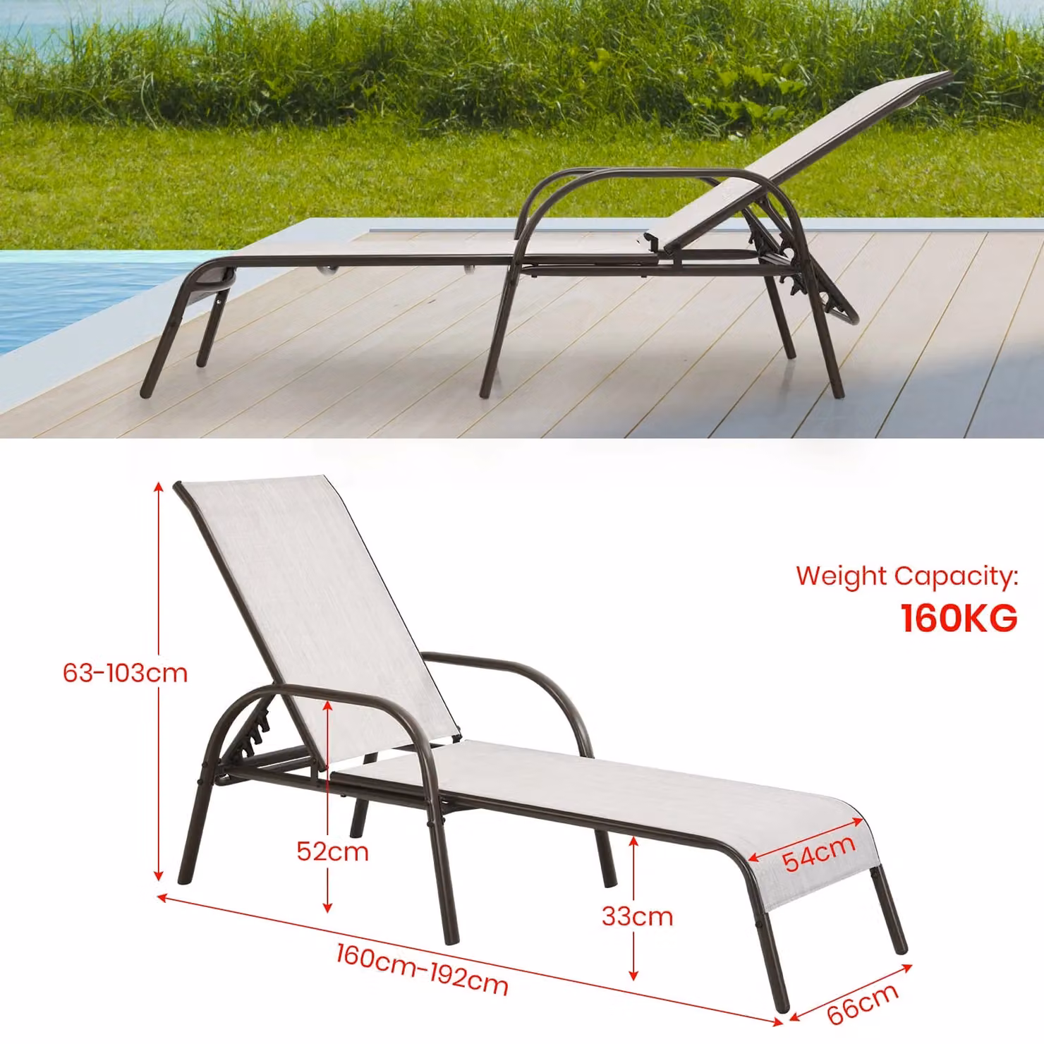 Gymax Grey Folding Chaise Lounge Chair with 5 Adjustable Positions and Textilene Fabric – 2