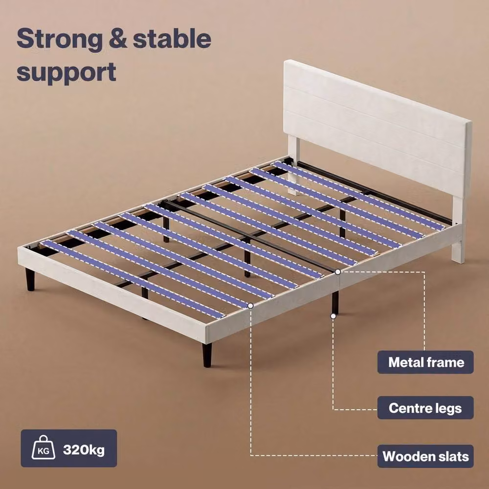 VOGREX Double Velvet Upholstered Bed Frame with Foam Headboard and Slat Support in White, W/D/H: 140 x 200 cm – 2