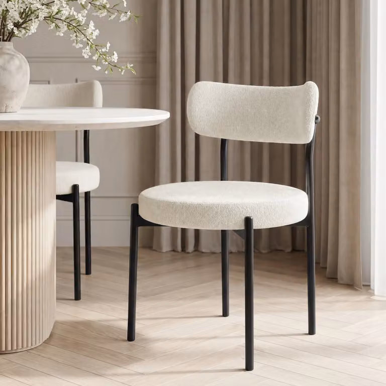 DHS Set of 4 Modern Bouclé Dining Chairs with Curved Back in Beige and White