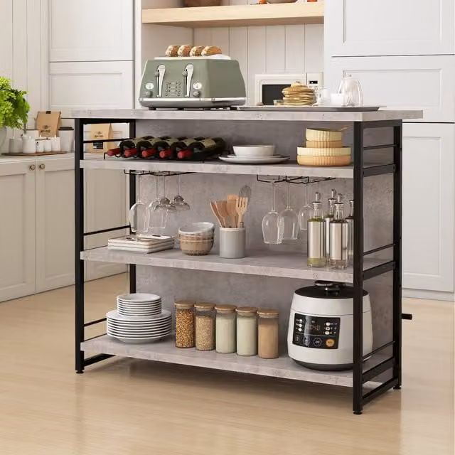 COSTWAY Industrial Home Bar Unit with 3 Open Shelves in Grey and Black