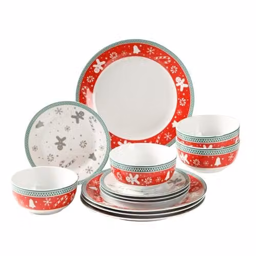 Simpa 12-Piece Gingerbread Men Ceramic Dinner Set in Multicolour – 1