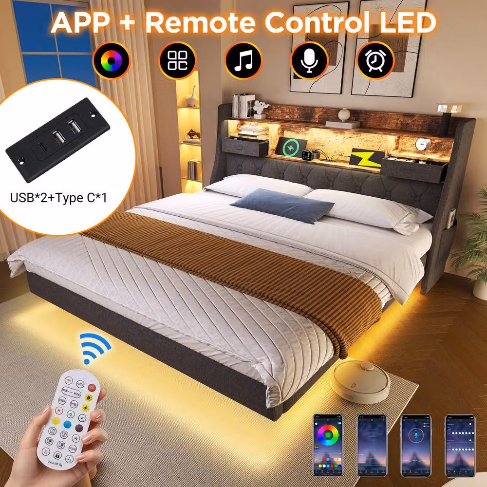 Matteo Upholstered Floating Bed in Grey with LED Under-Bed Lighting, USB Charging Port and Side Compartments, W/D/H: 180 x 200 cm – 3
