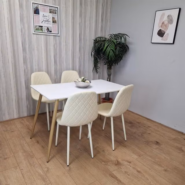 Kosy Koala Modern Rectangular White Dining Table and 4 Beige Chairs Set