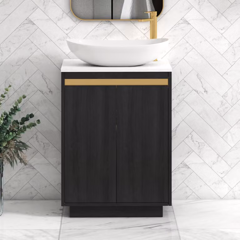 Royal Bathrooms Orion 600mm Hale Black and White Floor Standing 2 Door Vanity Unit with Cesar Basin and Brushed Brass Accent Trim