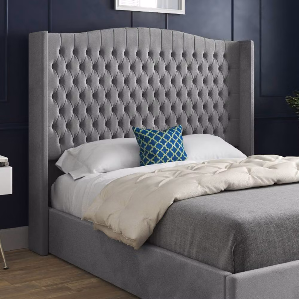 KDMD Stockport Winged Upholstered Grey Soft Velvet Designer Bed Frame, Size: Double (W/D/H: 140 x 200 cm) – 4