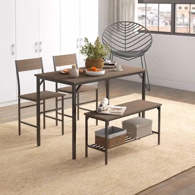 HOMCOM 4 Piece Dining Table and Chairs Set with Bench in Grey