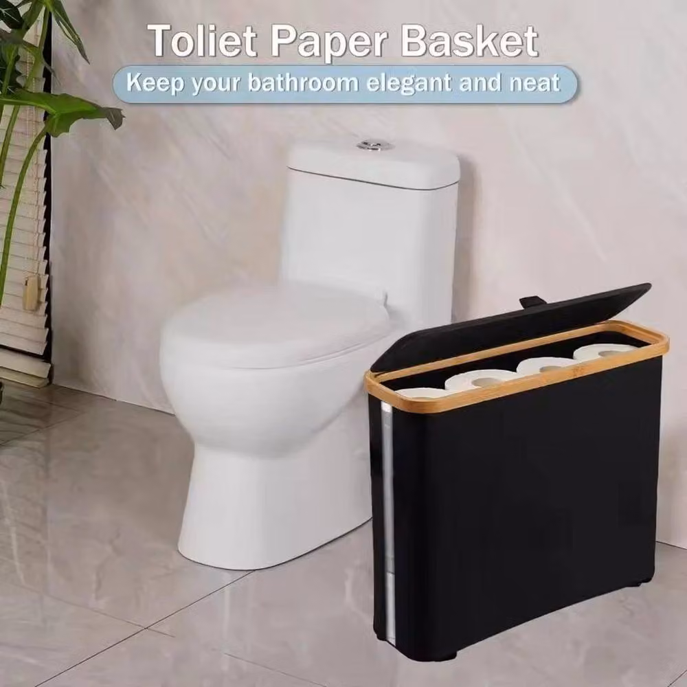 KORVIXA Black Bamboo Freestanding Toilet Roll Storage Box with Slatted Design – 3