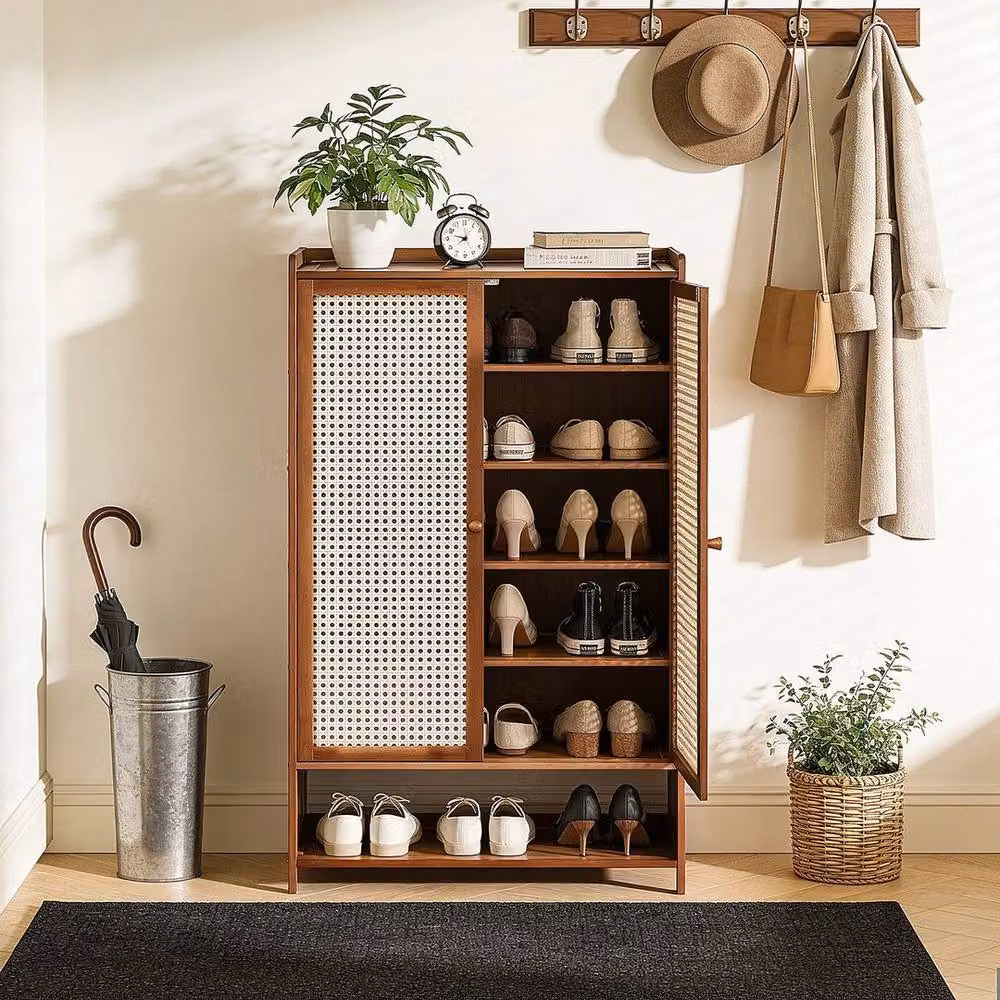 KORVIXA 7 Tier Shoe Cabinet Storage Organiser with 2 Doors in Natural Wood, W/D/H: 100 x 100 x 100 cm – 5