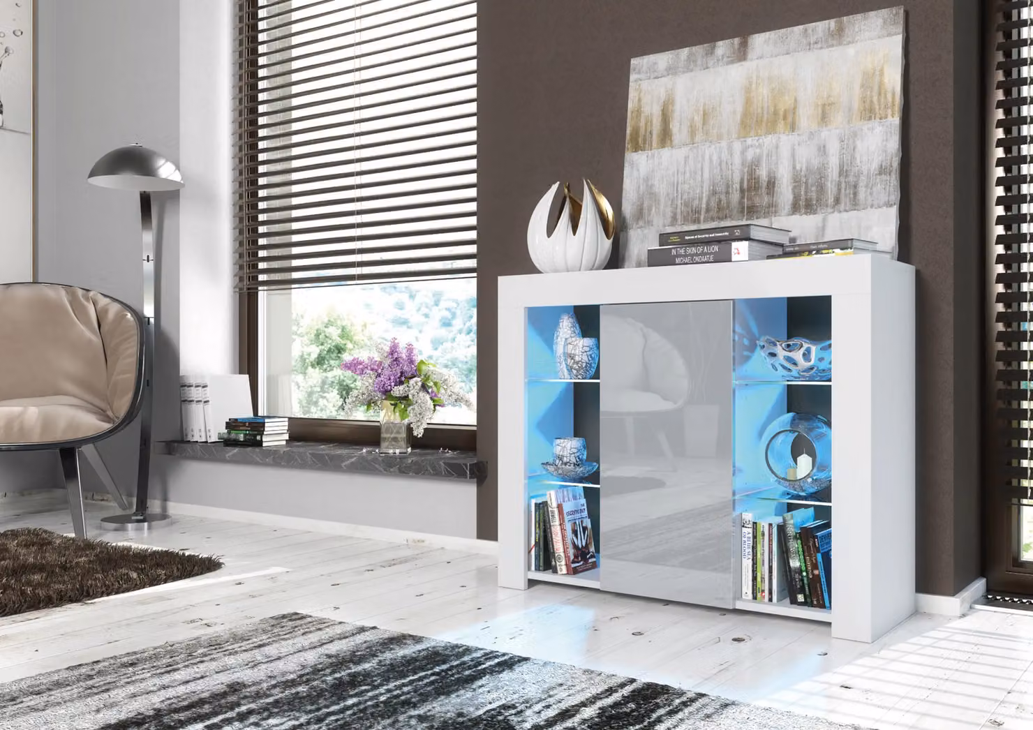 Mex Furniture LTD Modern Glossy Sideboard with Integrated LED Lighting in Light Grey, W: 97 cm, H: 83 cm, D: 35 cm – 3