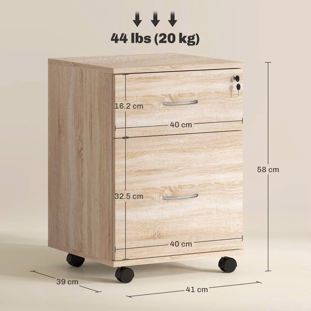 ERGOVEXA Two Drawer Lockable Filing Cabinet in Natural White Oak with Castors, H 58.0 cm x W 39.0 cm x D 41.0 cm – 2