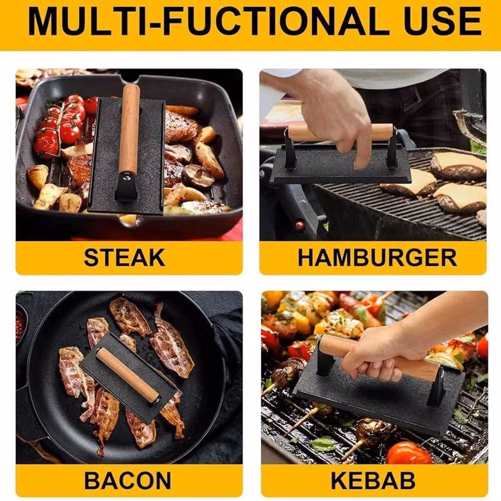 FLAVORA Set of 2 Cast Iron Bacon and Steak Meat Presses for BBQ and Grilling in Grey and Black – 6
