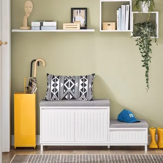 SoBuy L-Shaped Corner Entrance Bench with Shoe Rack and Fabric Padded Seat in White or Grey – 1