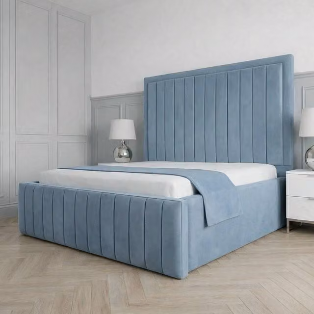 Living Comfort Bedz Sovereign Upholstered Velvet Gas Lift Storage Bed in Light Blue, Super King, W/D/H: 200 x 200 cm
