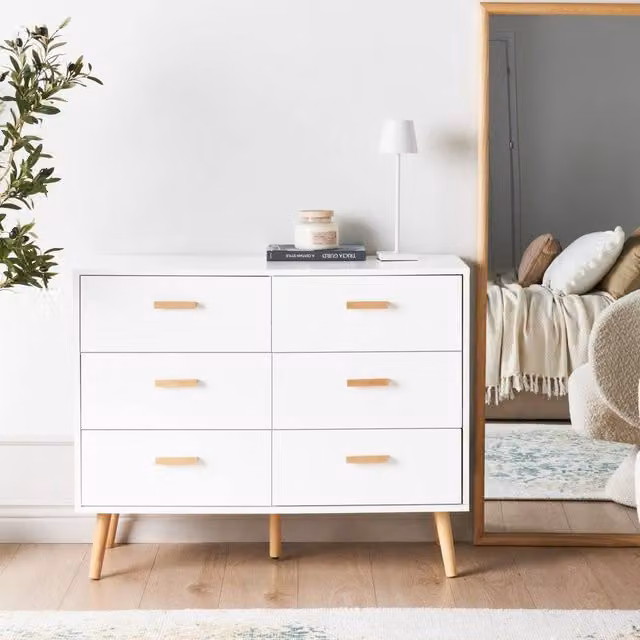 Wyld and Coco Scandi 6-Drawer Chest in White with Oak Legs, W/D/H: 80 x 39 x 80 cm