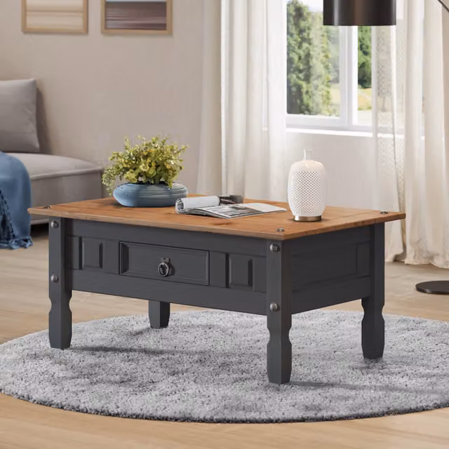Mercers Furniture Corona Coffee Table in Distressed Charcoal Wax Solid Wood Pine with 1 Drawer