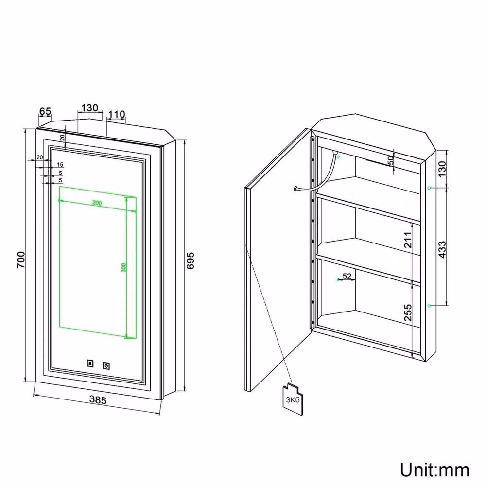 FLAVORA Black Matt Wall Mounted Bathroom Mirror Cabinet with Anti-Fog Demister and Shaver Socket – 2