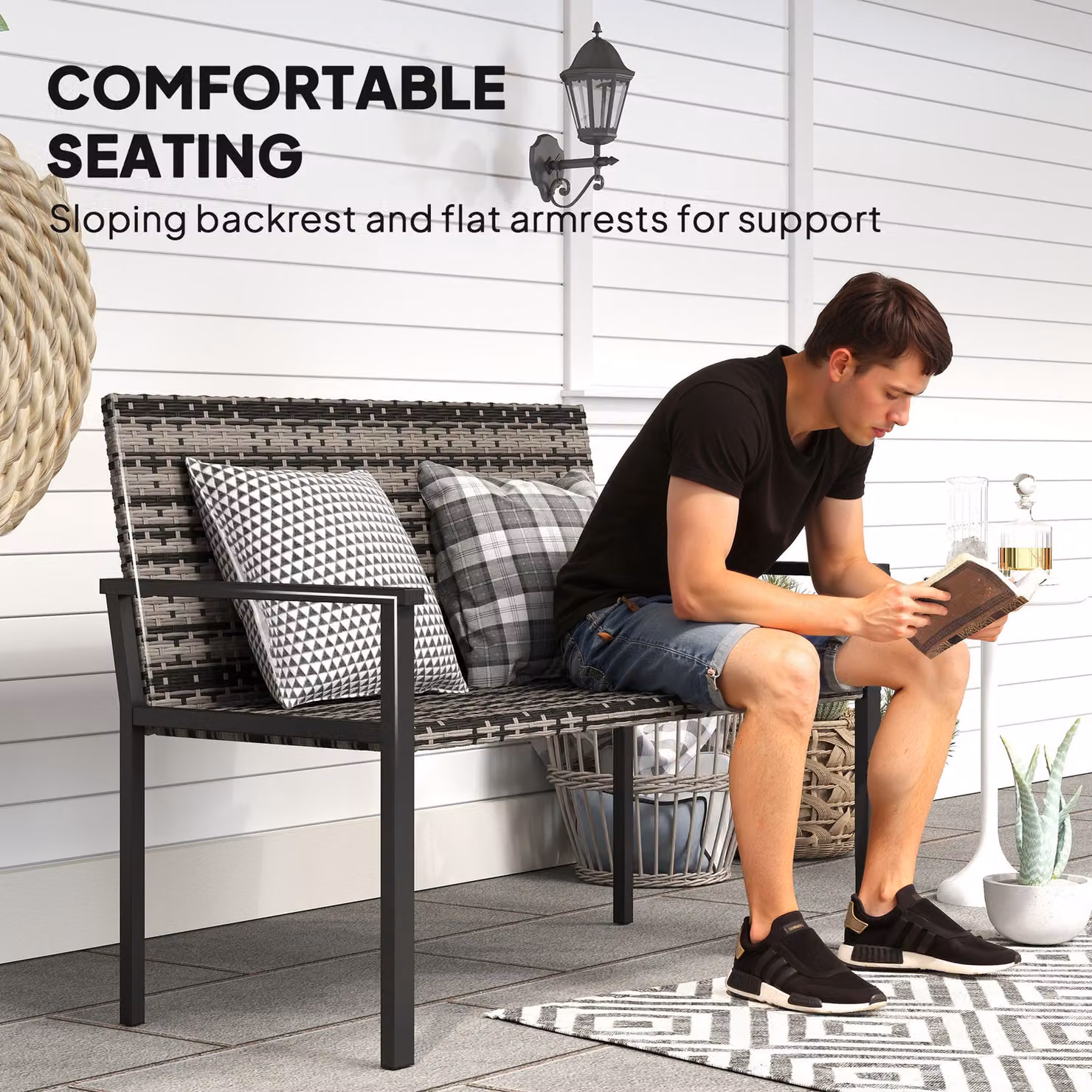 Outsunny 2 Seater Rattan Garden Bench with Armrests and Quick-Drying Cushions, Mixed Grey – 7