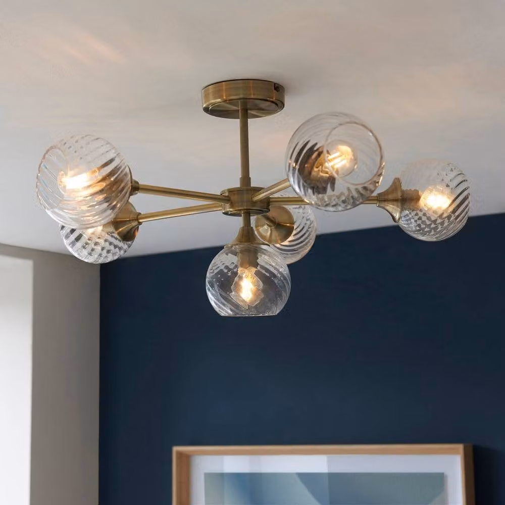 Netlighting Allegra 6 Light Semi Flush Ceiling Lamp with Transparent Glass Shades in Gold and Brass – 2