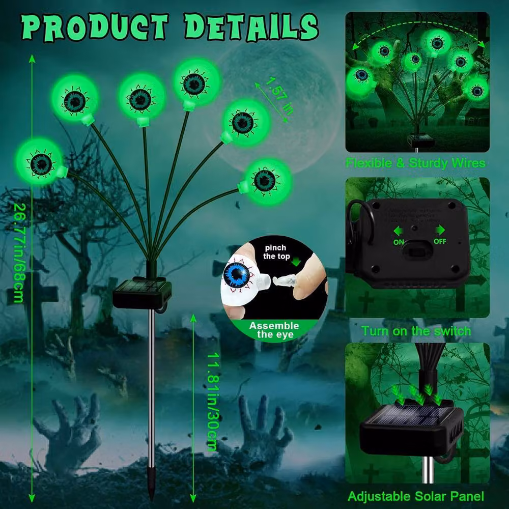 Garwarm Solar Halloween Spooky Eyeball LED Decorations, 4 Pack, Green – 2