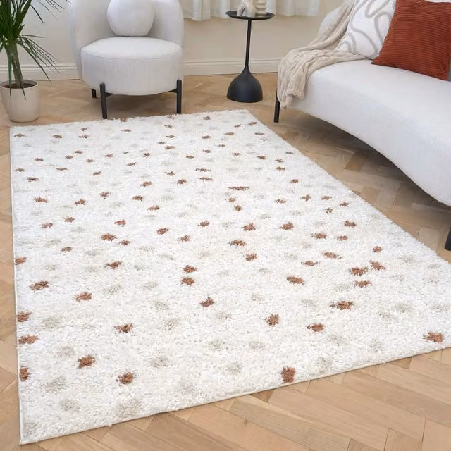 The Rugs Moodi Dots Modern Patterned Shaggy Rug in Beige, Orange and White