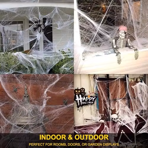 Shatchi 50 Pack White Stretchable Halloween Spider Web Decoration with Spiders – 4