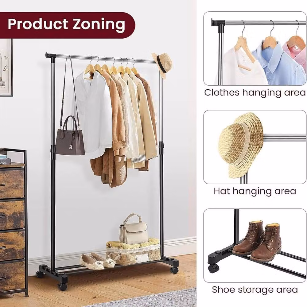 VOGREX Heavy Duty Metal Single Rail Clothes Garment Hanging Rack in Black – 3