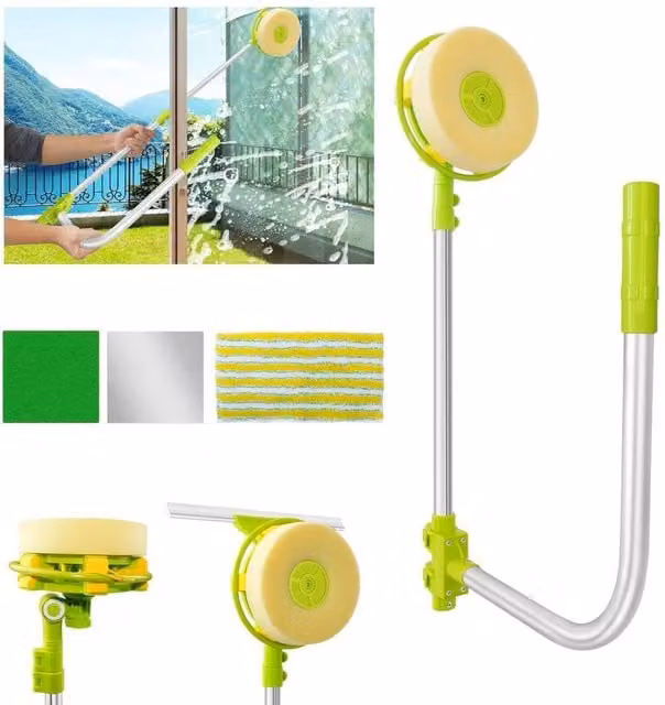 KORVIXA U-Shape Window Cleaner Squeegee with Scraper and Telescopic Handle, Multicolour Green, W/D/H: 100 x 100 x 100 cm – 1