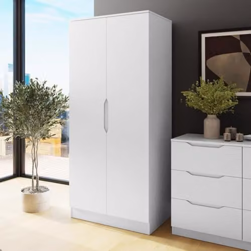 FWStyle Luno White 2 Door Wardrobe with Hanging Rail and Internal Shelves H 180 x W 80 x D 50 cm – 2