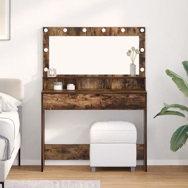 Berkfield Home Makeup Table with Hollywood LED Lights in Smoked Oak Brown, W/D/H: 100 x 41 x 135 cm – 1