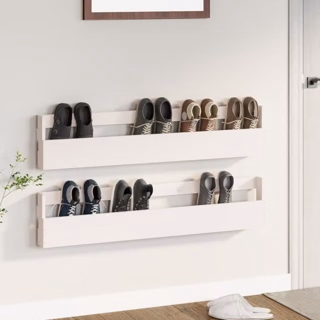 Berkfield Home Set of 2 White Wall-mounted Solid Pine Shoe Racks, W: 110 cm, D: 23 cm, H: 9 cm – 1