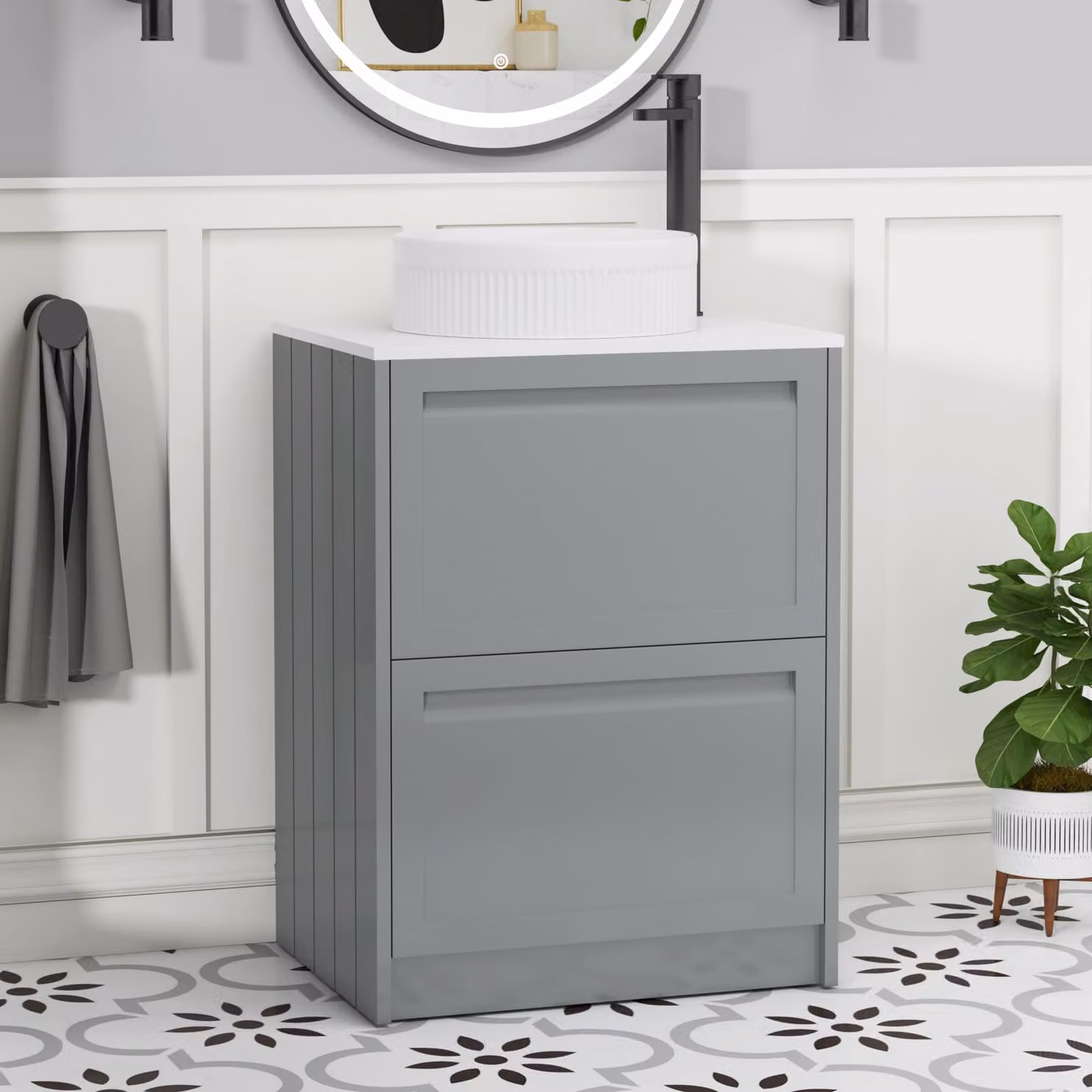 Royal Bathrooms Elmore 600mm Floor Standing 2 Drawer Vanity Unit in Matt Pebble Grey with Plain White Worktop and Round Basin