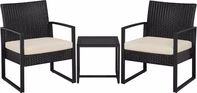 Yaheetech 3 Piece Modern Rattan and Metal Patio Bistro Furniture Set with Glass Table in Black and Beige