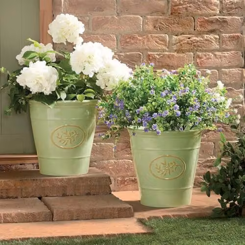Coopers of Stortford Set of Two Decorative Green Planters with Raised Olive Branch Detail, Height: 30 cm – 2