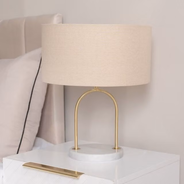 Rachel Arch Marble Base Table Lamp with Linen Shade in Gold and Beige
