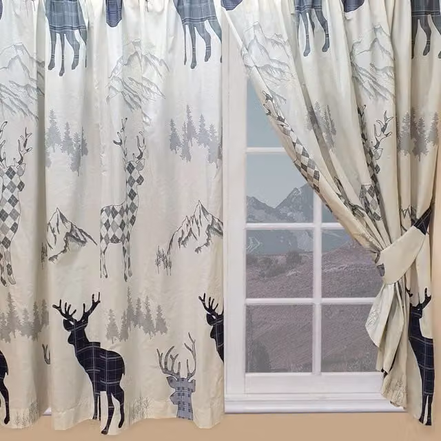 My Home Highland Stag Checked Pencil Pleat Curtain Pair in Grey and Blue