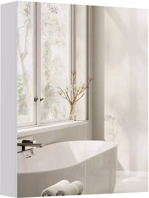FORGEVIO Wall Mounted Modern Bathroom Mirror Storage Cabinet with Glass Hinged Doors and Internal Shelves in White
