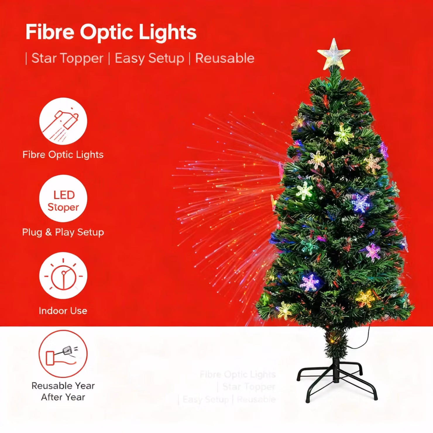 Shatchi Snowflakes LED Pre-Lit Fibre Optic Christmas Tree in Green, Height: 90 cm – 6