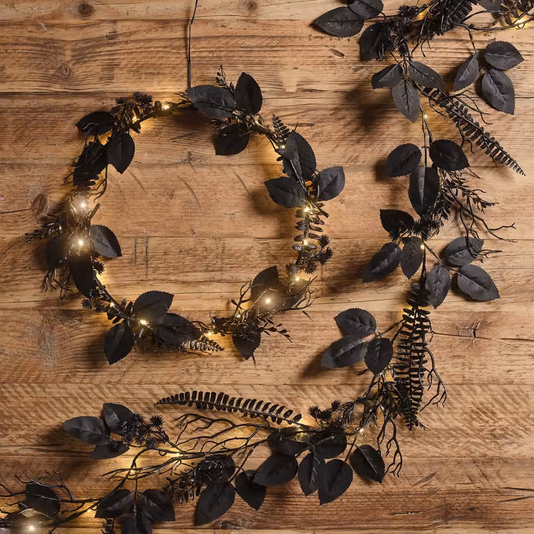 Lights4fun Pre Lit Black and Silver Halloween Foliage Wreath and Garland