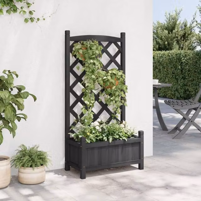 Berkfield Home Black Solid Wood Fir Planter with Trellis, W: 55 cm, D: 30 cm, H: 110 cm – 1