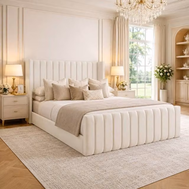 Desire Deco Plush Velvet Edward Wingback Ottoman Storage Bed Frame in Beige, Size: Double (140 x 200 cm)